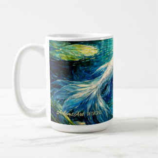 Caneca De Café Arte Impressionista de Koi Branco Elegante e Lírio