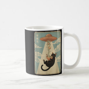 Caneca De Café Arte Japonês Retro Abdução Alien Gato Ramen UFO