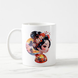 Caneca De Café Arte Japonesa de Geisha e Flor de Cerejeira