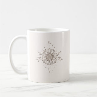 Caneca De Café Arte Linear da Lua e Girassol