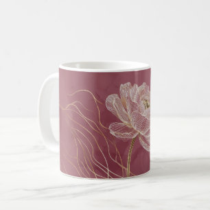 Caneca De Café Arte Linear Floral em Dourado Rosa Empoeirado Eleg