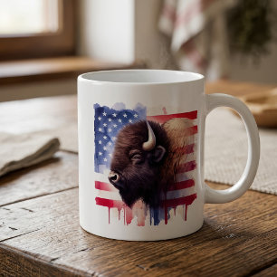 Caneca De Café Arte Magnífica de Bisonte Americano e Bandeira Pat