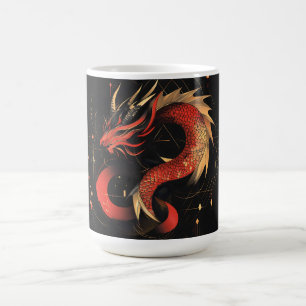 Caneca De Café Arte Majestosa Vermelha e Dourada do Dragão Chinês