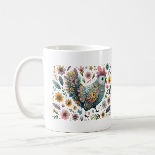 Caneca De Café Arte Popular Galo Galinha Floral Flores (Esquerda)