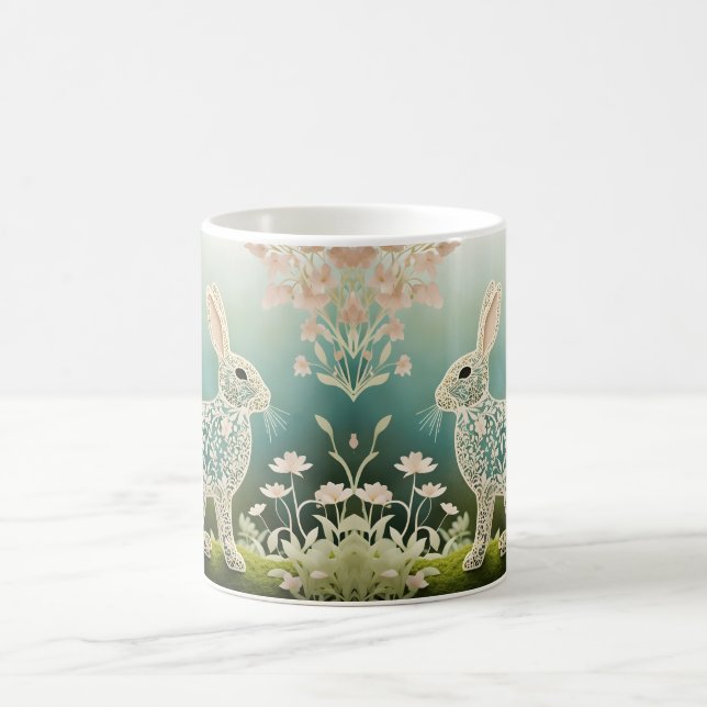 Caneca De Café Arte Primavera do Coelho Floral Branco (Centro)