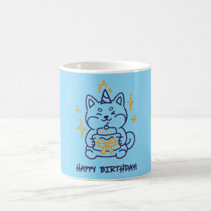 Caneca De Café Arte Retro de Cachorro Shiba Inu Aniversário Feliz