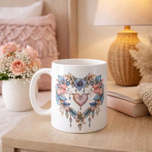Caneca De Café Arte Romântica do Coração Floral Boho