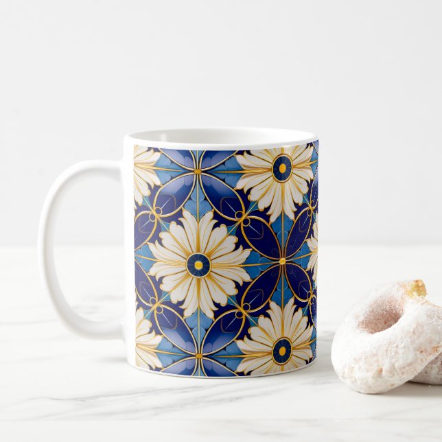 Caneca De Café Arte Simétrica Deco Azulejo Floral Dourado Azul Mo (Com Donut)