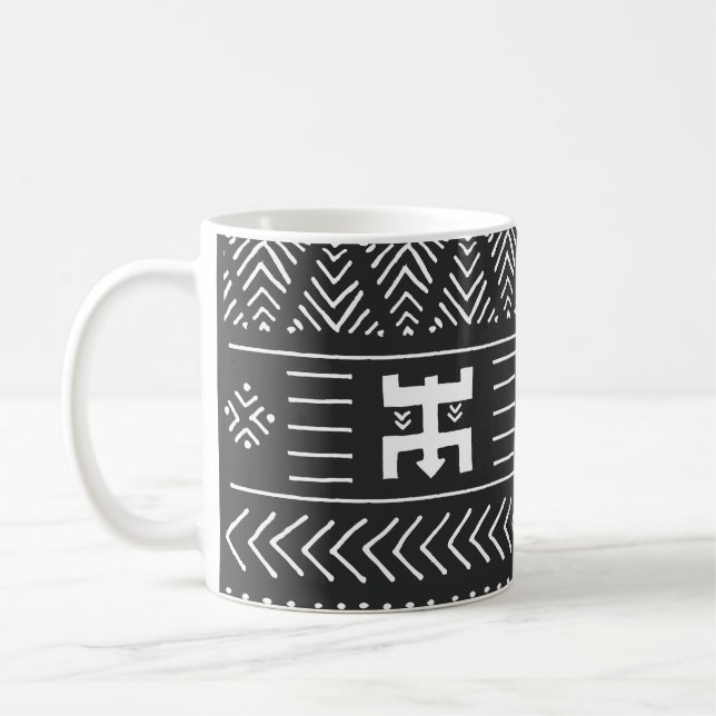 Caneca De Café Arte Tribal Africana: Preto Geométrico e Branco (Esquerda)