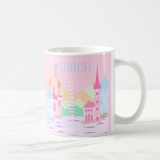 Caneca De Café Arte Viagem Zurique, Suiça, Pré-Disquete Rosa (Direita)