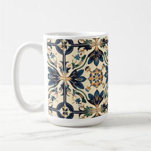 Caneca De Café Artisan Blue e Dourada Floral Motif