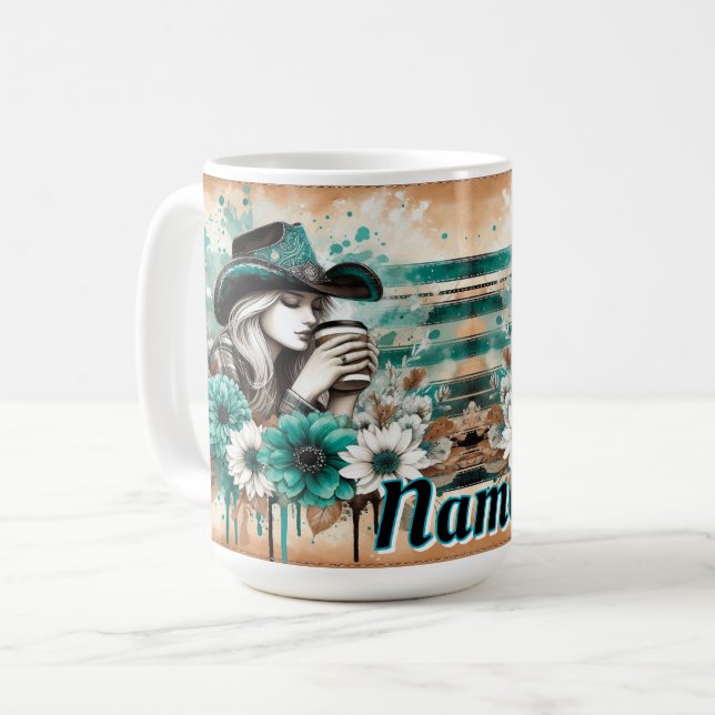 Caneca De Café Artista com Design Floral e Cowgirl (Frente Esquerda)
