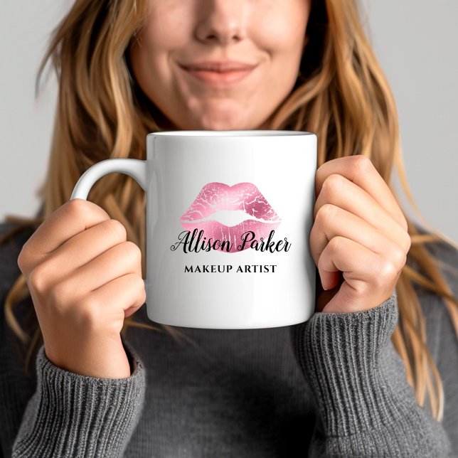 Caneca De Café Artista de maquiagem de Lábios de Beijo Rosa Rosa (Pink Glitter Kiss Lips Business Makeup Artist Coffee Mug)
