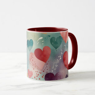 Caneca de Café Artística de Aquarela Corações Tom