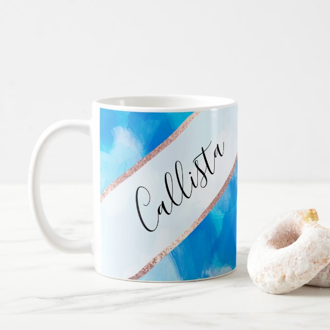 Caneca De Café Artsy Modern Ocean Blue Abstrato Paint Padrão (Com Donut)