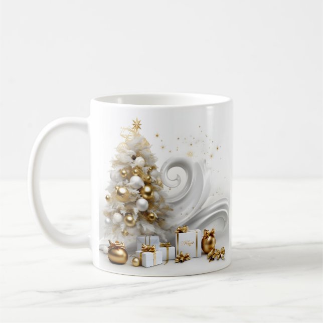 Caneca De Café Árvore abstrato de natal branco com sotaque dourad (Esquerda)