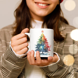 Caneca De Café Árvore de Natal Colorida Pintura em Aquarela