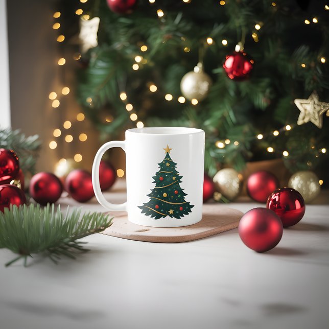 Caneca De Café Árvore de Natal com ornamentos e estrelas (Criador carregado)