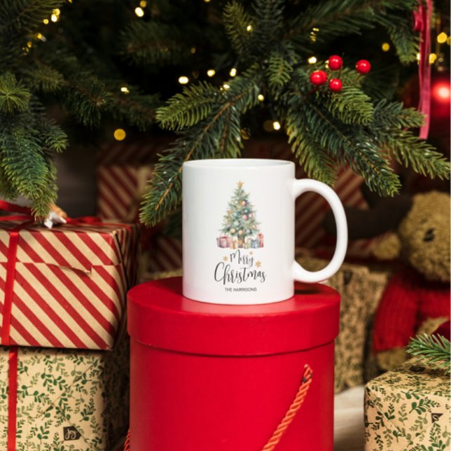 Caneca De Café Árvore de Natal de Aquarela Elegante Personalizada (Criador carregado)