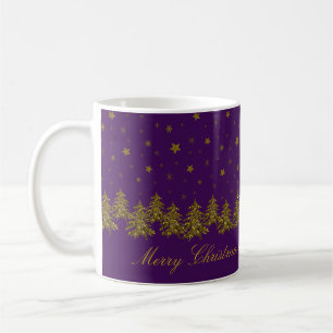 Caneca De Café Árvore de Natal de ouro faísca, lua, estrelas em r