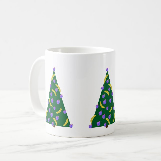Caneca De Café Árvore de Natal de pop Art com Maçãs e Bananas (Frente Esquerda)
