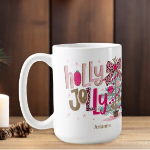 Caneca De Café Árvore de Natal Dourado Rosa Holly Jolly Natal