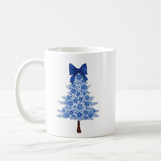 Caneca De Café Árvore de Natal Floral Azul (Esquerda)
