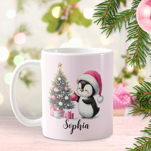 Caneca De Café Árvore de Natal Gelada Pinguim Natal Rosa Natal