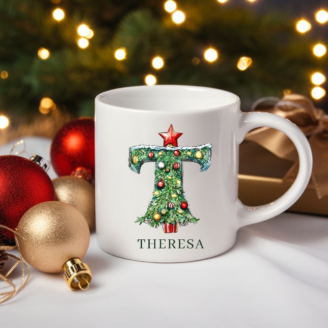 Caneca De Café Árvore de Natal Personalizada com Monograma T (Personalized Festive Christmas Tree Monogram T Coffee Mug)