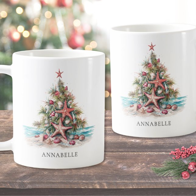 Caneca De Café Árvore de Natal Personalizada na Praia (Personalized Beach Christmas Tree Coffee Mug)