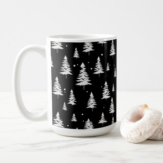 Caneca De Café Árvore de Natal Preta e Branca (Com Donut)