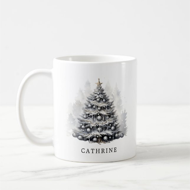 Caneca De Café Árvore de Natal Preta e Branca do Nome Personaliza (Esquerda)