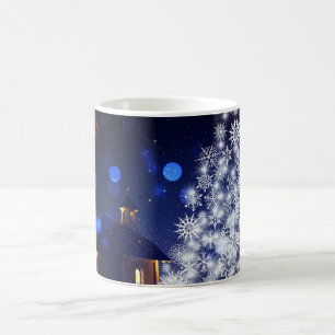 Caneca De Café Árvore de Natal reluzente com fundo azul