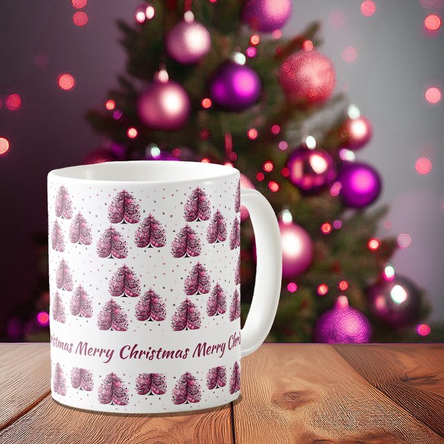 Caneca De Café Árvore de Natal Rosa Personalizada (Personalized Pink Merry Christmas Tree Coffee Mug)