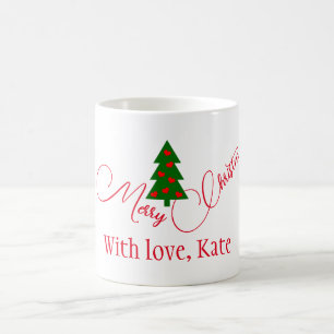 Caneca De Café Árvore de Natal Verde com Corações Vermelhos