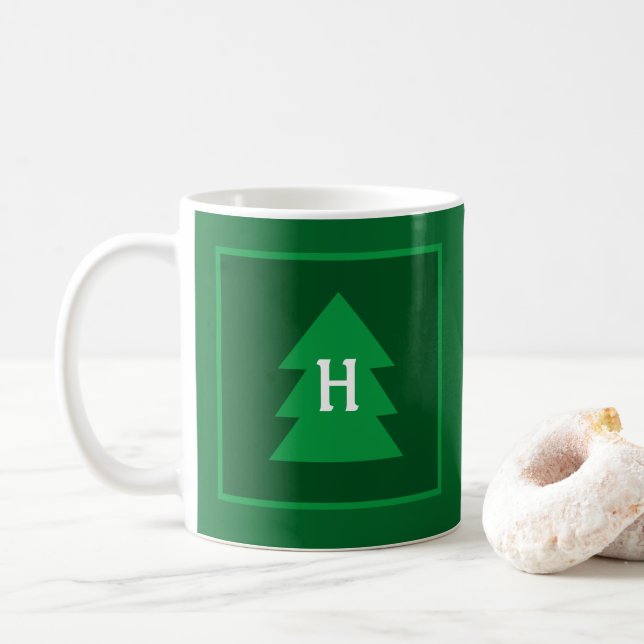 Caneca De Café Árvore de Natal Verde Escuro Elegante Inicial (Com Donut)