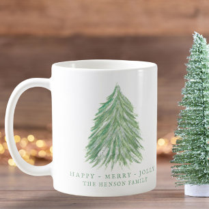Caneca De Café Árvore de Natal Verde Festiva Aquarela Feriado