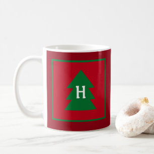 Caneca De Café Árvore de Natal Vermelho Escuro Elegante Inicial P