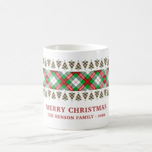 Caneca De Café Árvore de Natal Xadrez Vermelho Verde Vintage