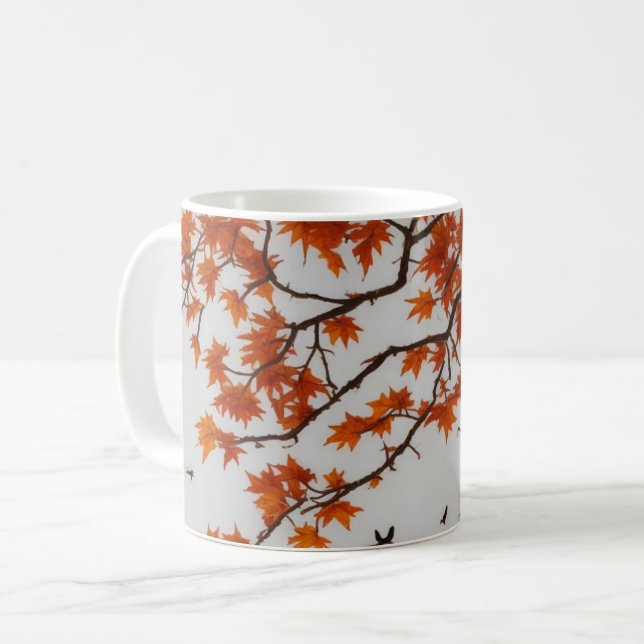 Caneca De Café Árvore de outono com Folhas e Aves (Frente Esquerda)