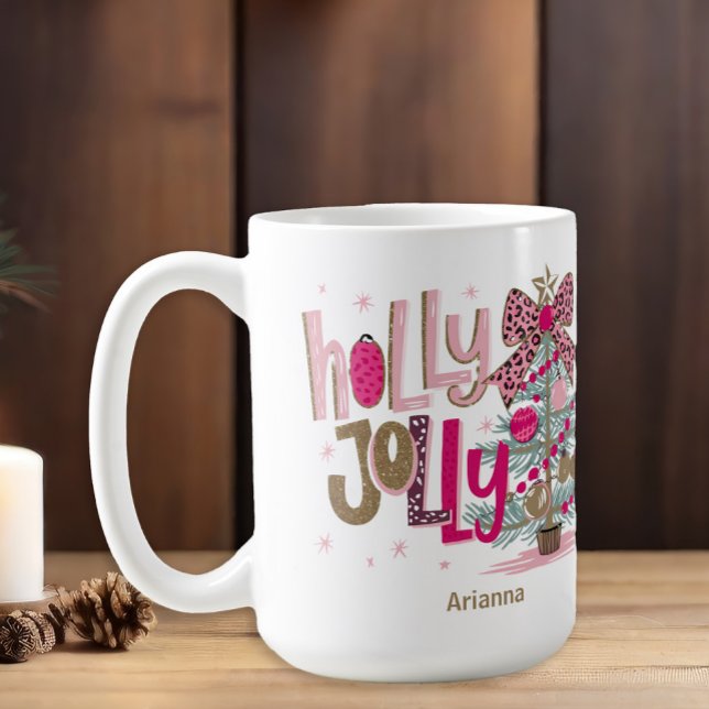 Caneca De Café Árvore Dourada rosa Holly Jolly Natal (Pink and leopard print "Holly Jolly" Christmas tree coffee mug)