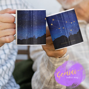 Caneca De Café Árvore Noturna Estrelada Ouro Gêmeos Zodíaco Const