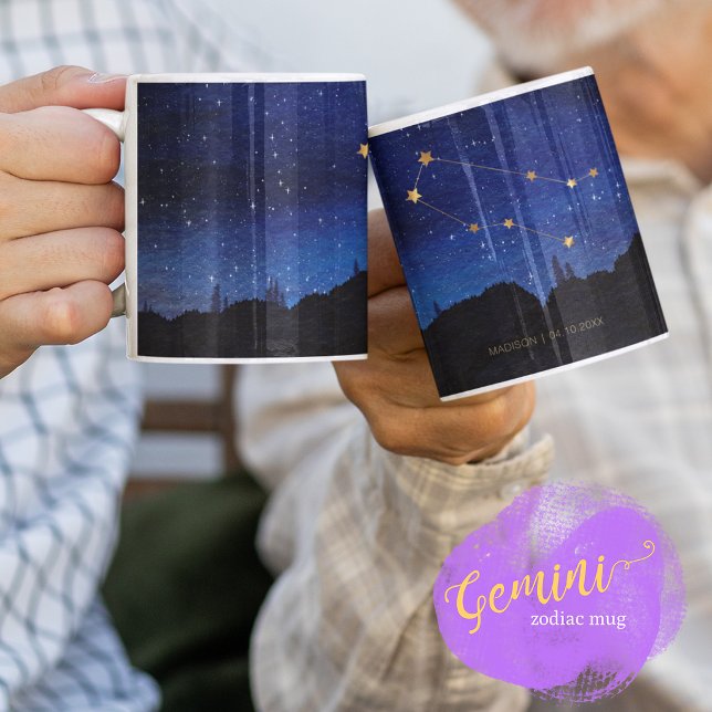 Caneca De Café Árvore Noturna Estrelada Ouro Gêmeos Zodíaco Const (Criador carregado)