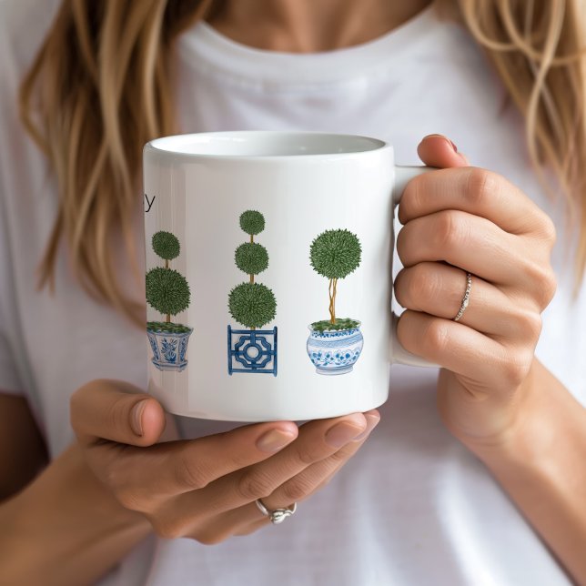 Caneca De Café Árvore Topiaria em Cerâmica Trio Chinoiserie  (personalized topiary tree chinoiserie mug custom name)