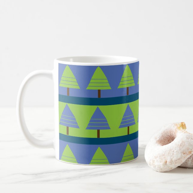 Caneca De Café Árvore verde azul de Natal Geométrico (Com Donut)