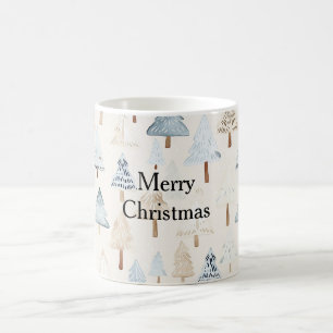 Caneca De Café Árvores de Natal Azuis de Creme Beige