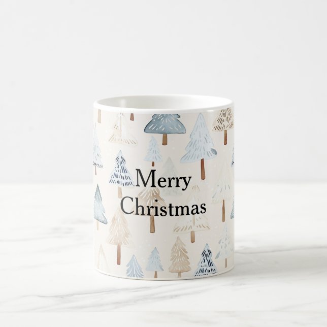 Caneca De Café Árvores de Natal Azuis de Creme Beige (Centro)
