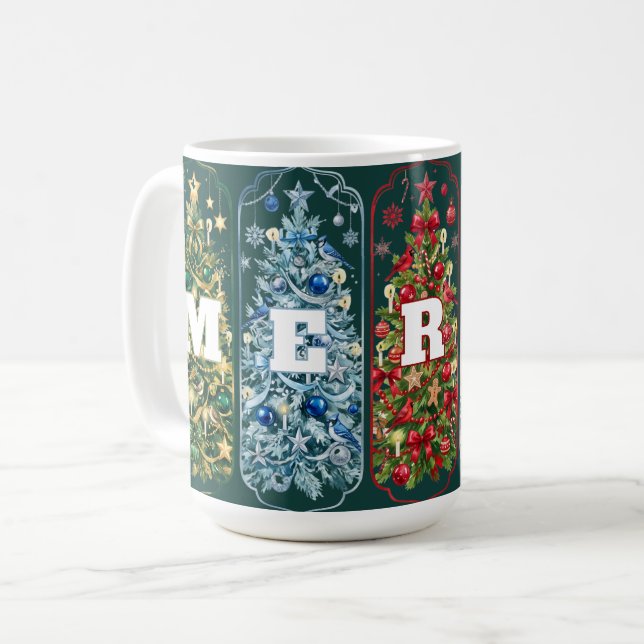 Caneca De Café Árvores de Natal Coloridas Alegres  (Frente Esquerda)