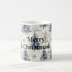 Caneca De Café Árvores de Natal de Inverno Creme Azul Flocos de N