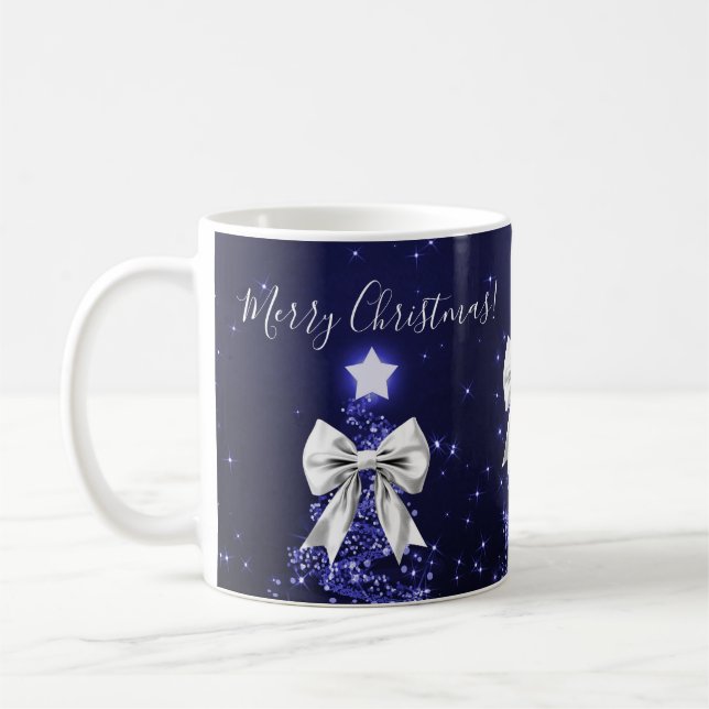 Caneca De Café Árvores de Natal Elegantes Navy com Laços Prateado (Esquerda)